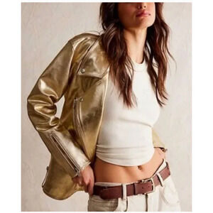 Free People Leather Metallic Jealously Moto Jacket Large Gold NEW